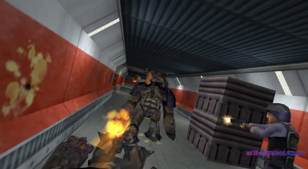 Сцена бою в Half-Life у вузькому технічному коридорі